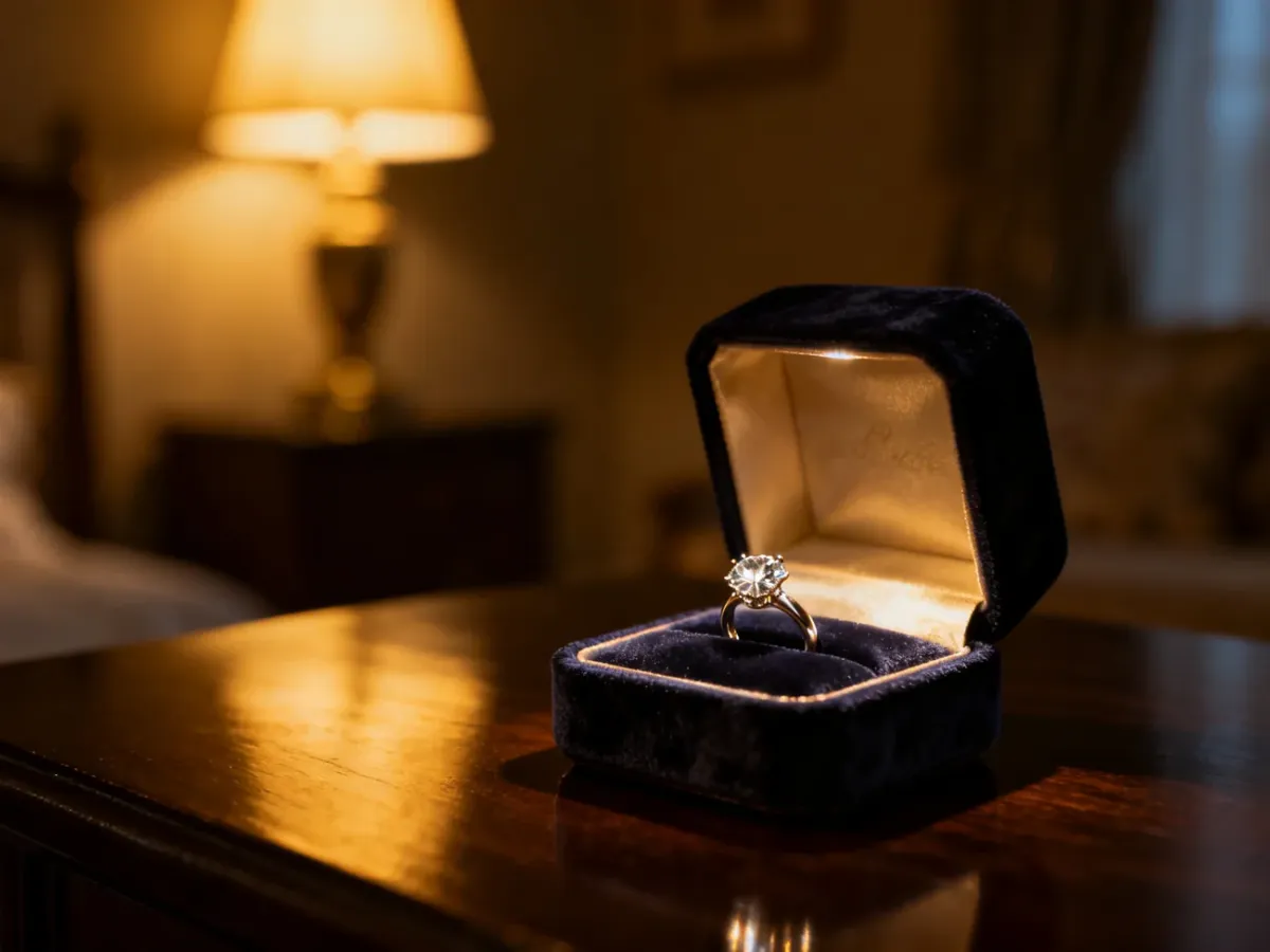 Elegancki pierścionek zaręczynowy z diamentem w aksamitnym pudełku, przygotowany do oświadczyn w przytulnym wnętrzu.