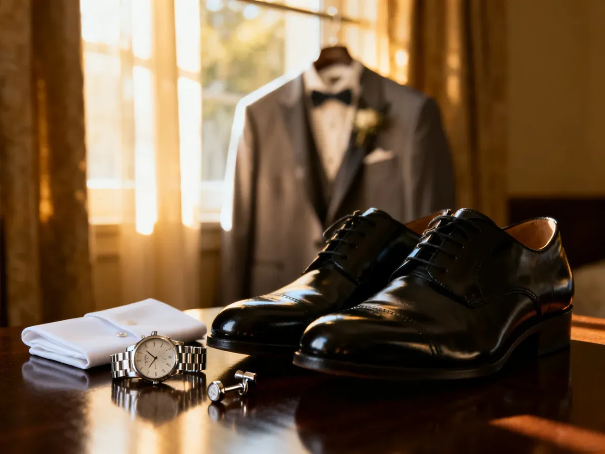 Eleganckie dodatki ślubne pana młodego, w tym buty, zegarek i spinki, przygotowane na drewnianym blacie przed ceremonią.