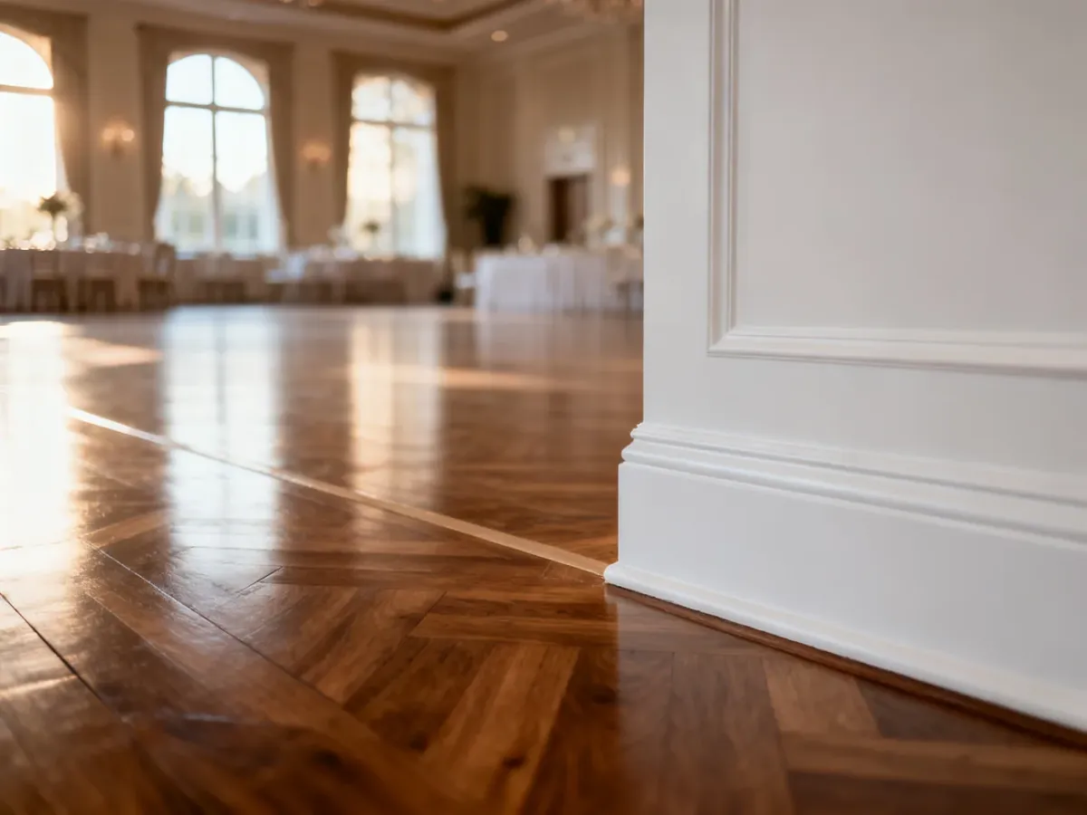 Profesjonalna inspekcja techniczna eleganckiej sali weselnej, ukazująca wysoką jakość wykończenia podłóg i ścian.