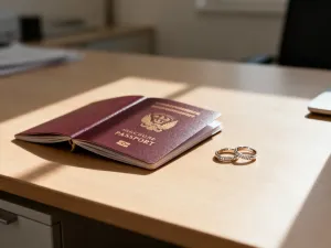 Elegancki planer ślubny z kalkulatorem i złotymi obrączkami na biurku, symbolizujący planowanie budżetu weselnego.