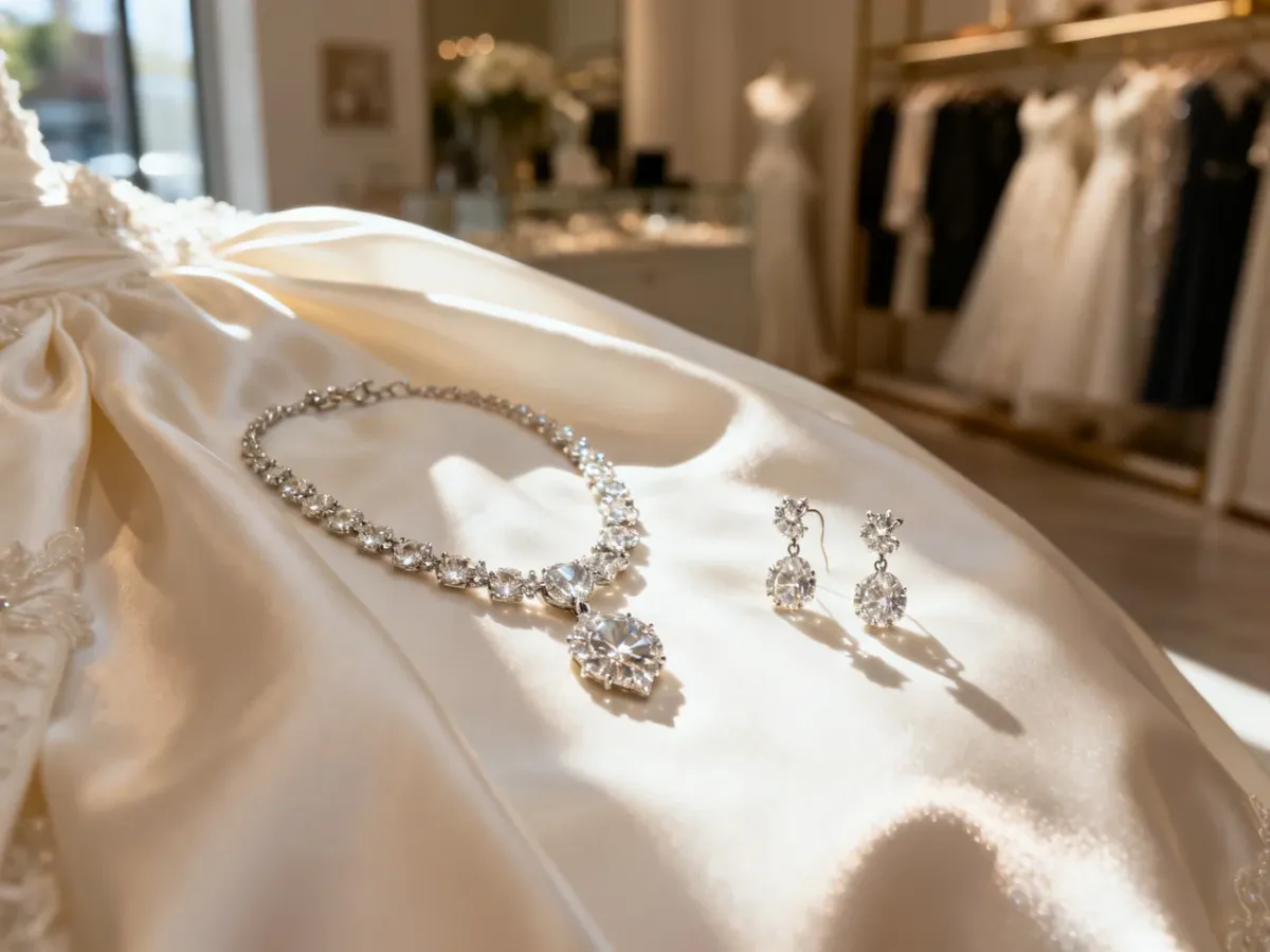 Elegancki zestaw ślubnej biżuterii z diamentami ułożony na satynowej sukni, podkreślający subtelny blask dodatków.