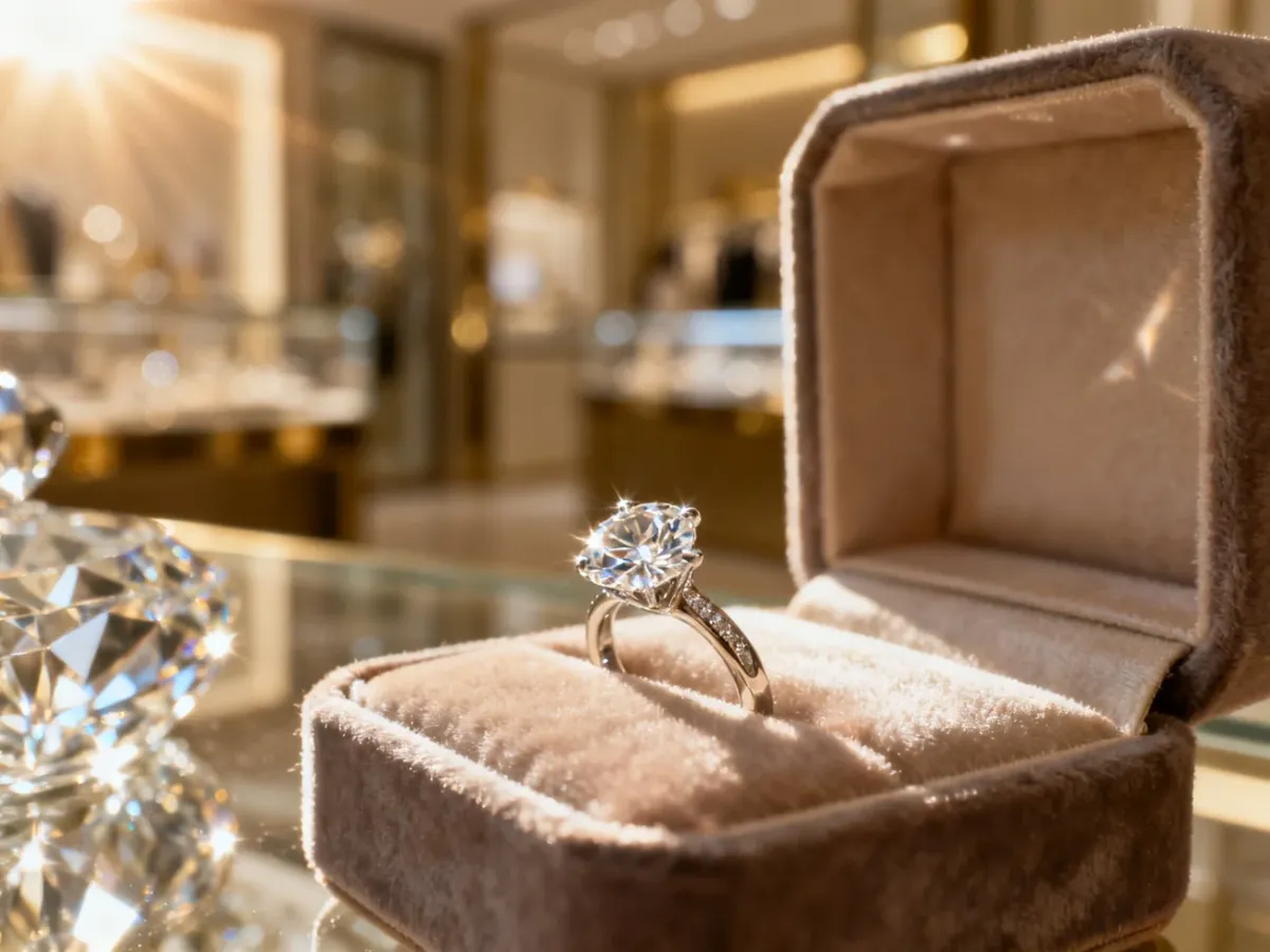 Błyszczący pierścionek zaręczynowy z diamentem spoczywający na eleganckim, aksamitnym pudełku w luksusowym wnętrzu.