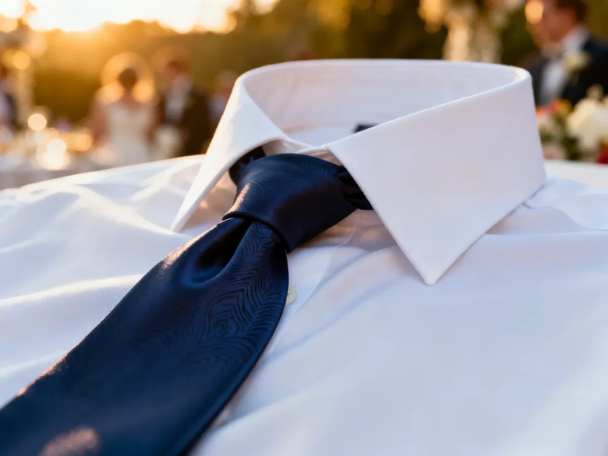 Elegancki granatowy krawat zawiązany na białej koszuli, idealny na ślubną stylizację.