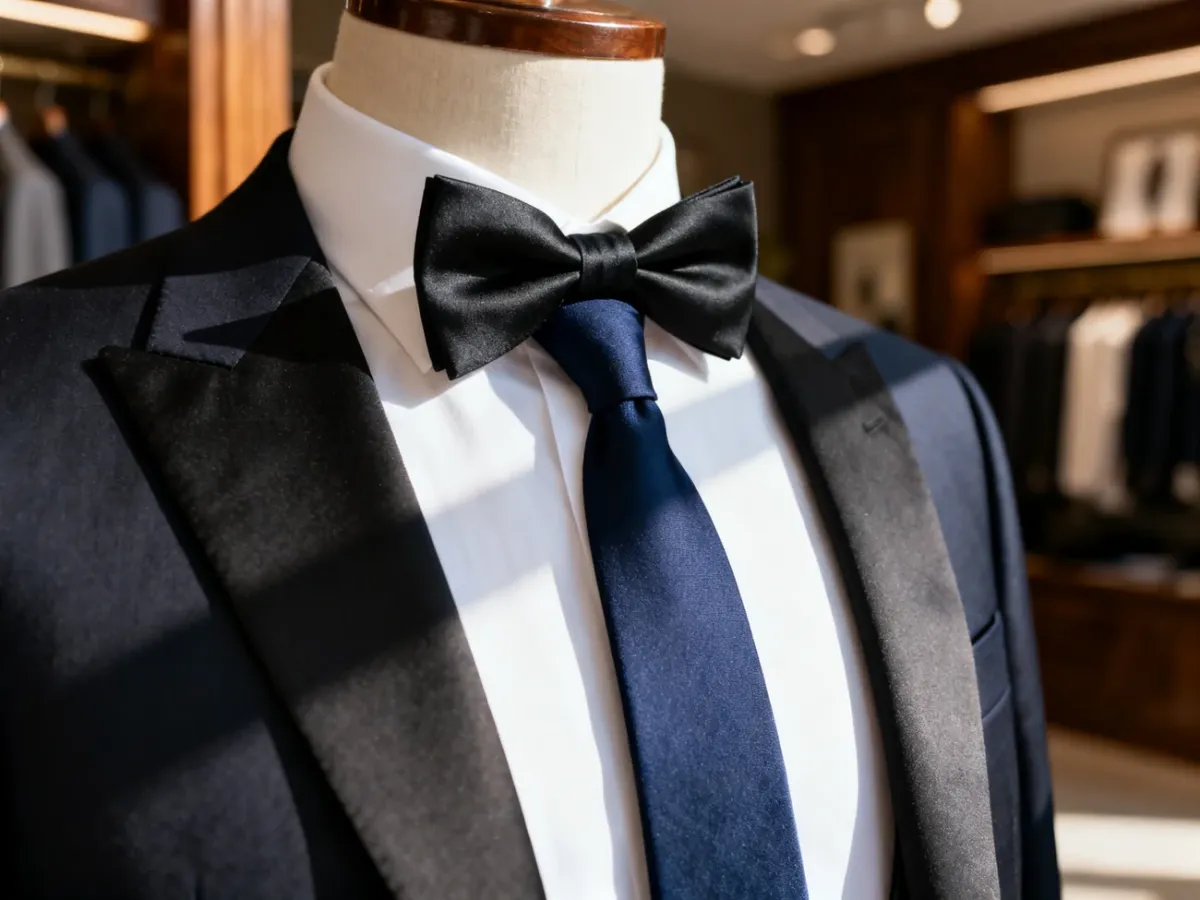 Eleganckie zestawienie czarnej muchy i granatowego krawata na białej koszuli, pomagające w wyborze dodatków do ślubnego stroju.