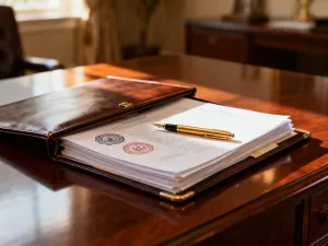 Elegancki dokument ślubny, złota obrączka i pióro na drewnianym stole, symbolizujące formalności przed zawarciem małżeństwa.
