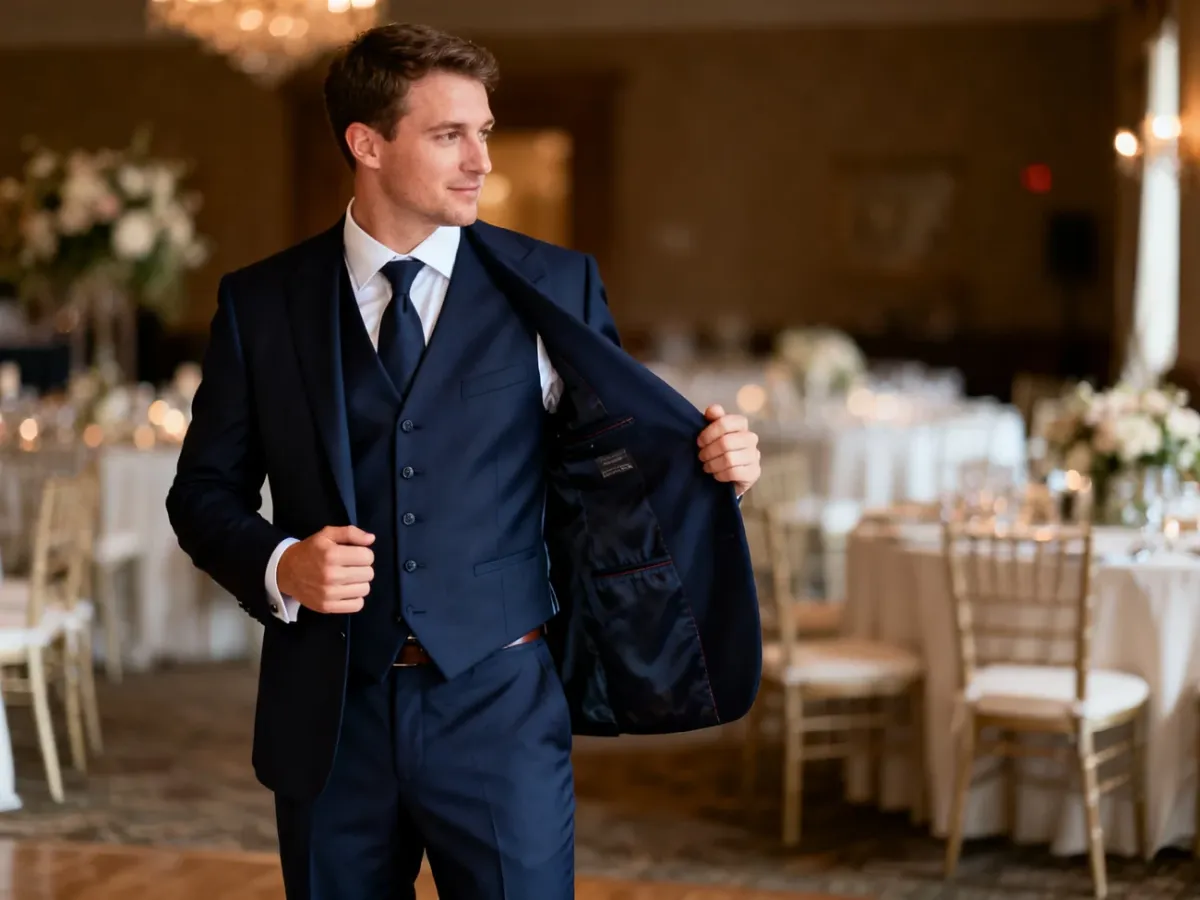 Mężczyzna w eleganckim garniturze trzyczęściowym prezentujący dopasowaną kamizelkę