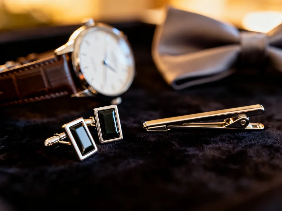 Eleganckie męskie spinki do mankietów, spinka do krawata, zegarek i poszetka ułożone na aksamitnym tle.