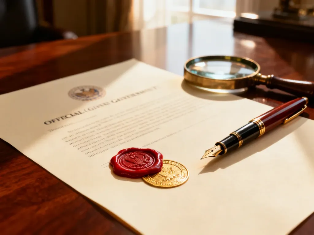 Oficjalny dokument z pieczęcią, piórem i lupą na biurku, symbolizujący proces legalizacji dokumentów zagranicznych.
