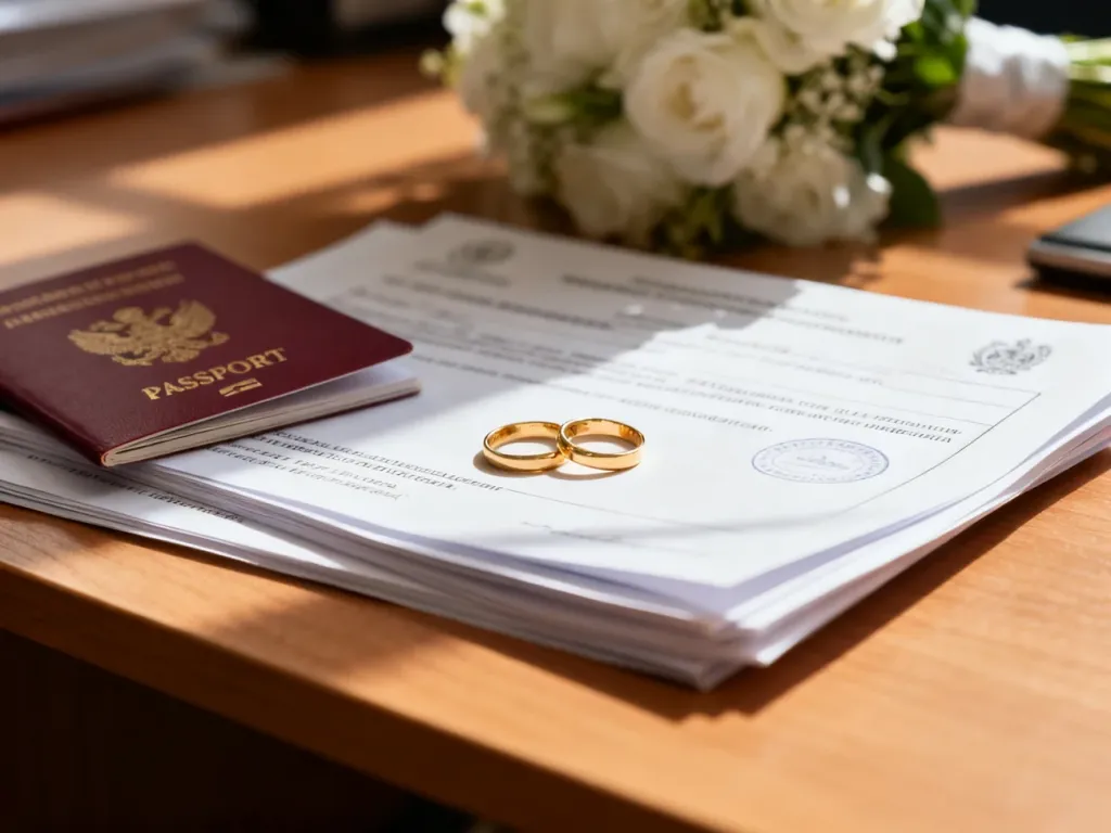 Złote obrączki ślubne leżące na paszportach i dokumentach urzędowych, symbolizujące formalności przy ślubie z obcokrajowcem.