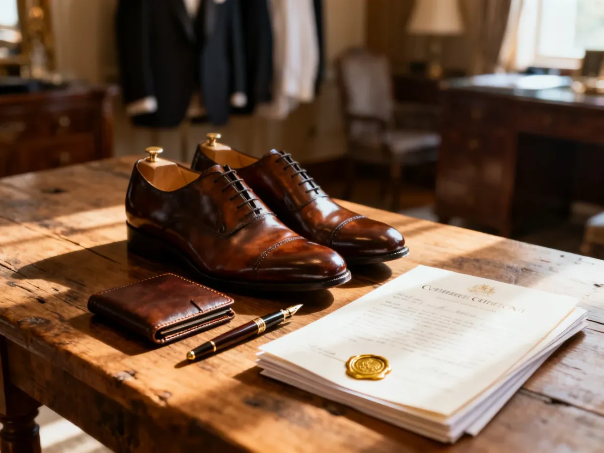 Eleganckie buty ślubne, portfel i ważne dokumenty z pieczęcią lakową przygotowane na drewnianym stole przed ceremonią.