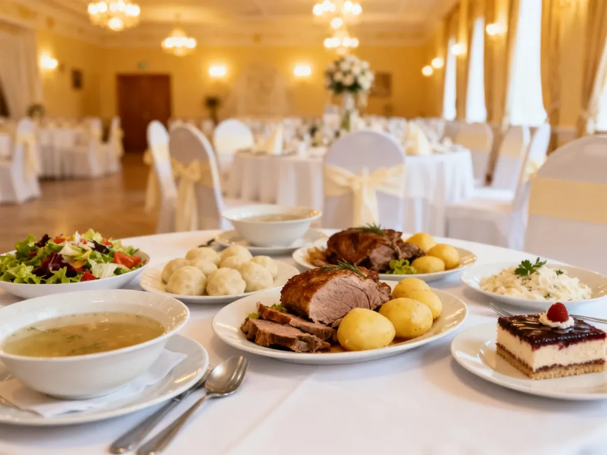 Tradycyjne polskie dania ustawione na eleganckim stole weselnym