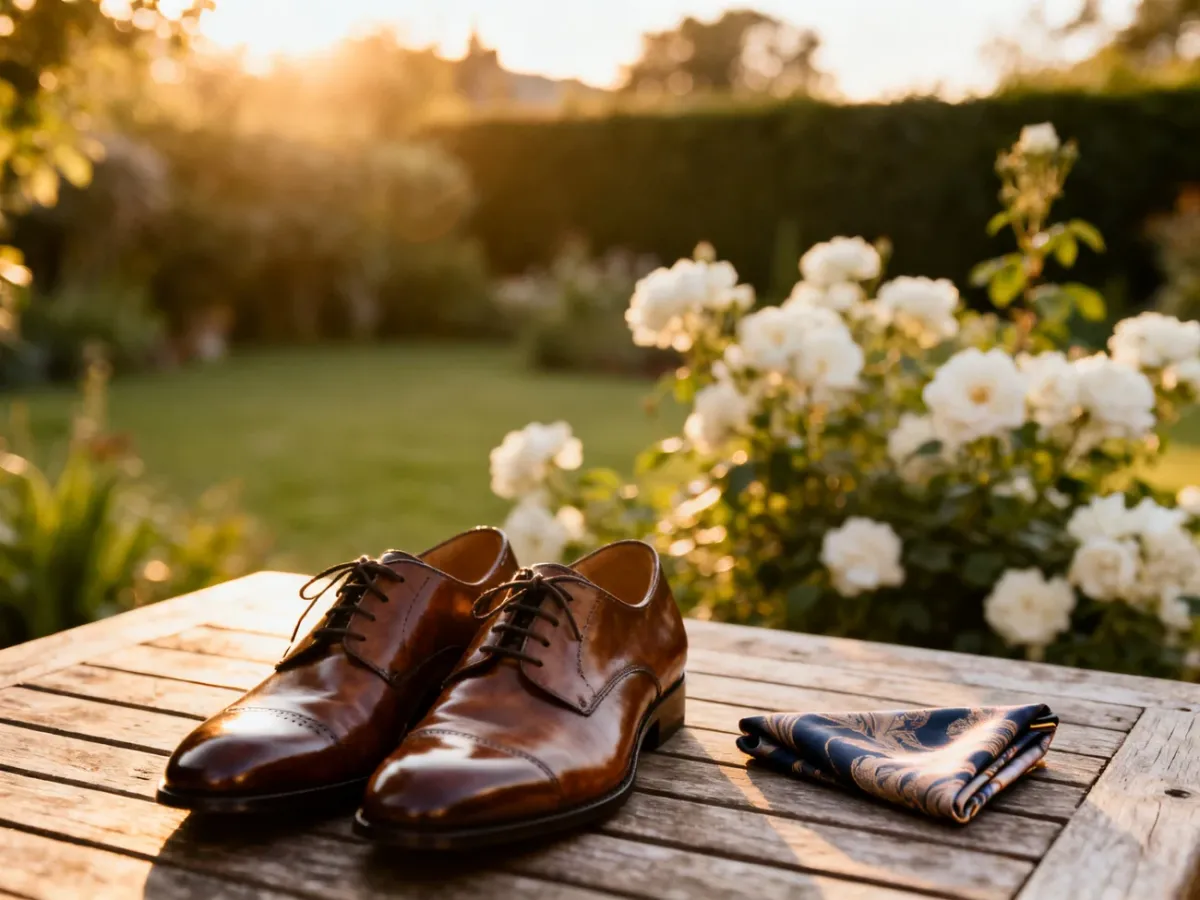 Eleganckie buty ślubne i poszetka na drewnianym stole w oczekiwaniu na ceremonię w słonecznym ogrodzie.