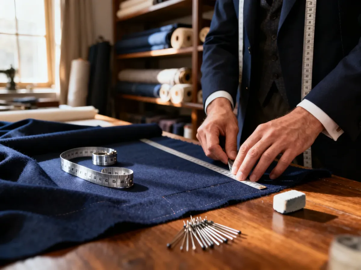 Dłonie krawca pracujące nad granatowym materiałem na garnitur w eleganckim atelier z przyborami krawieckimi na stole.