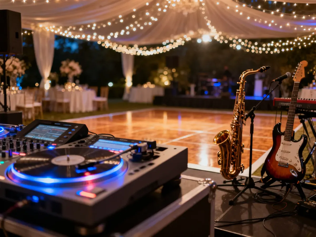 Profesjonalna scena weselna z konsolą DJ-ską oraz instrumentami muzycznymi, takimi jak saksofon i gitara elektryczna.