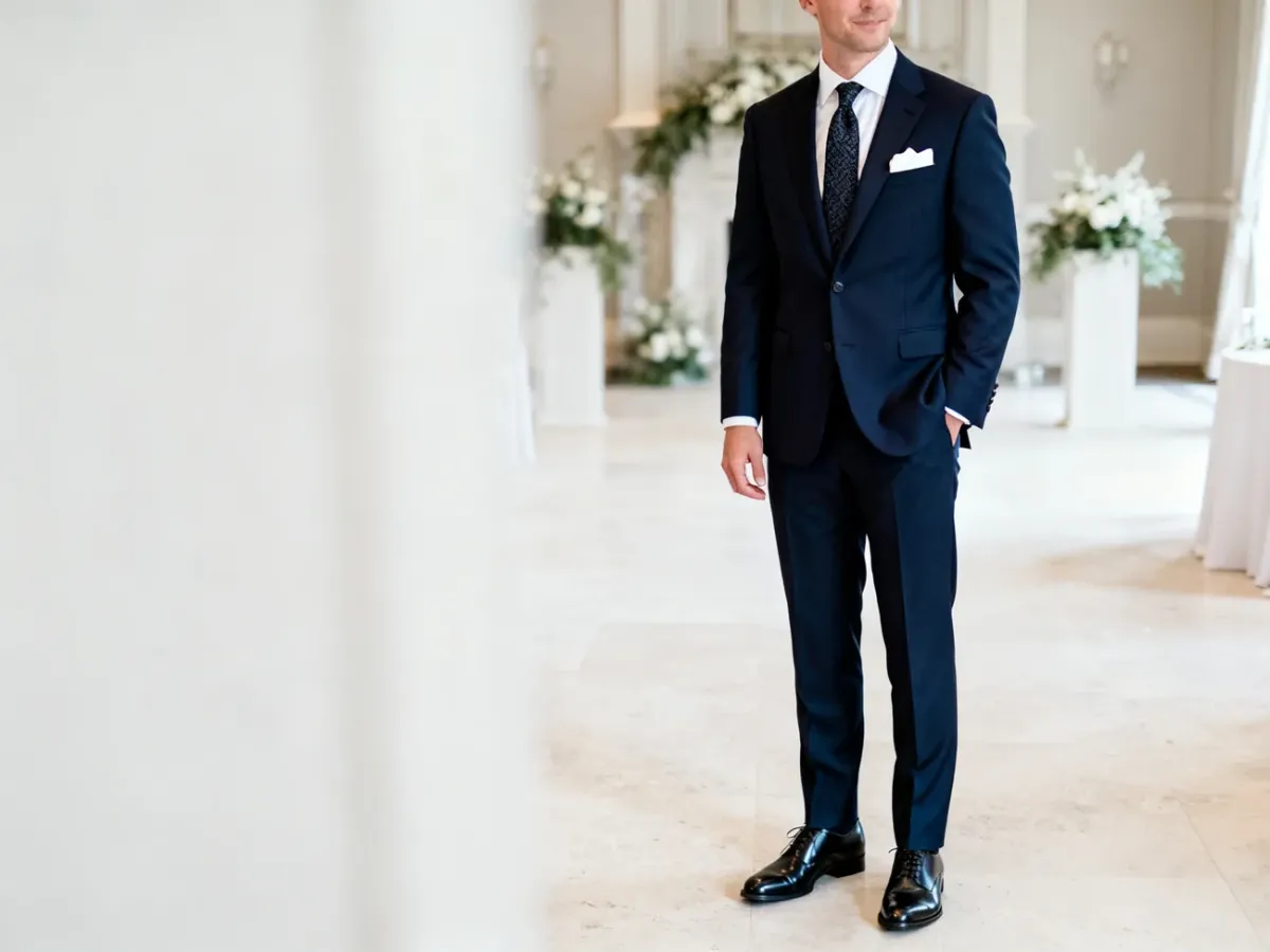 Pan młody w klasycznym granatowym garniturze podczas eleganckiego wesela
