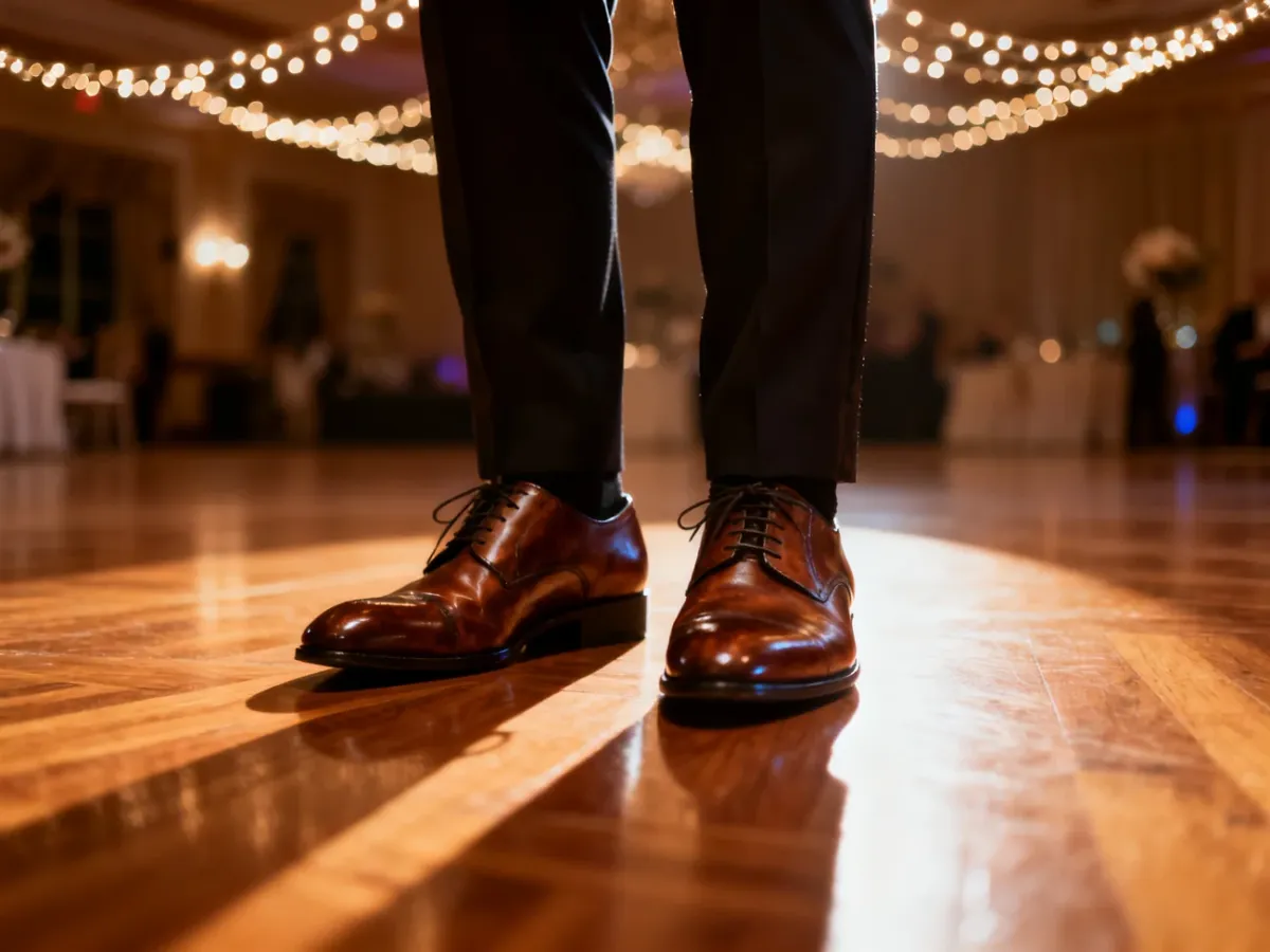 Eleganckie męskie buty wizytowe na parkiecie tanecznym w romantycznej scenerii sali balowej.