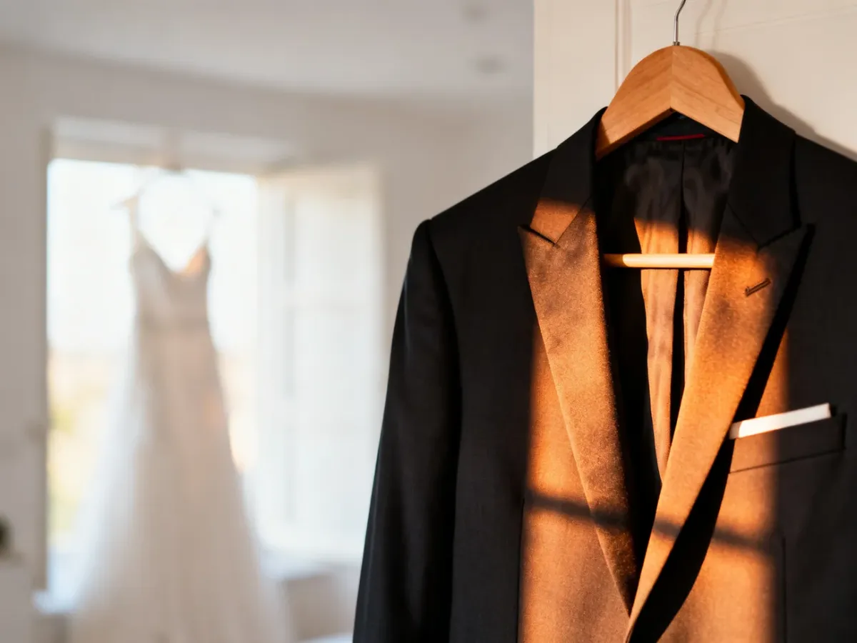 Elegancka marynarka garniturowa wisząca na wieszaku w jasnym, minimalistycznym wnętrzu sali ślubnej.