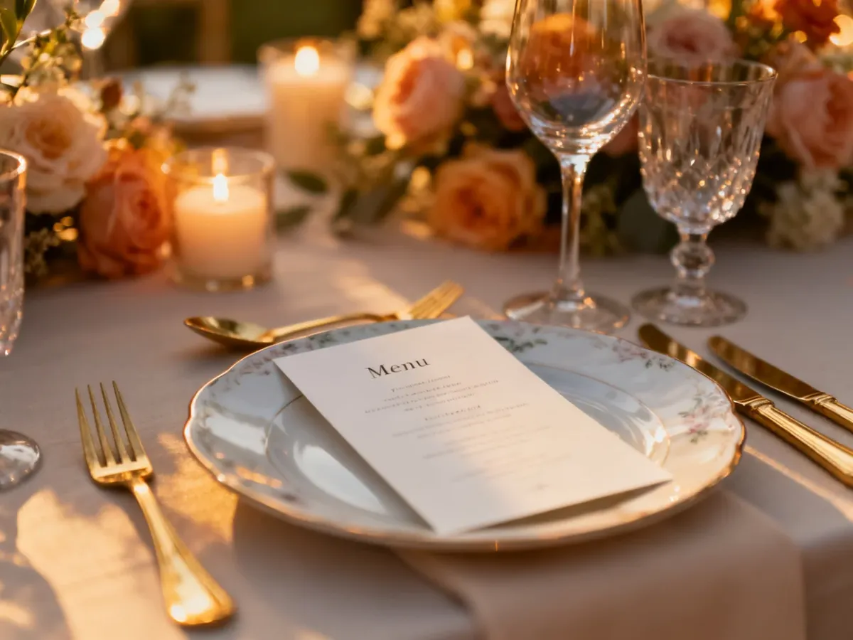Eleganckie nakrycie weselnego stołu z minimalistyczną kartą menu, złotymi sztućcami i kwiatami w pastelowych odcieniach.