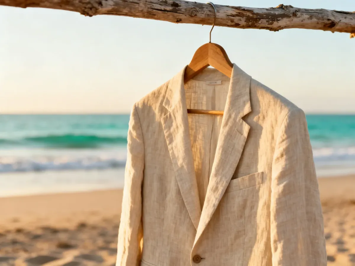 Elegancki lniany garnitur w odcieniu beżu zawieszony na tle piaszczystej plaży i spokojnego morza.