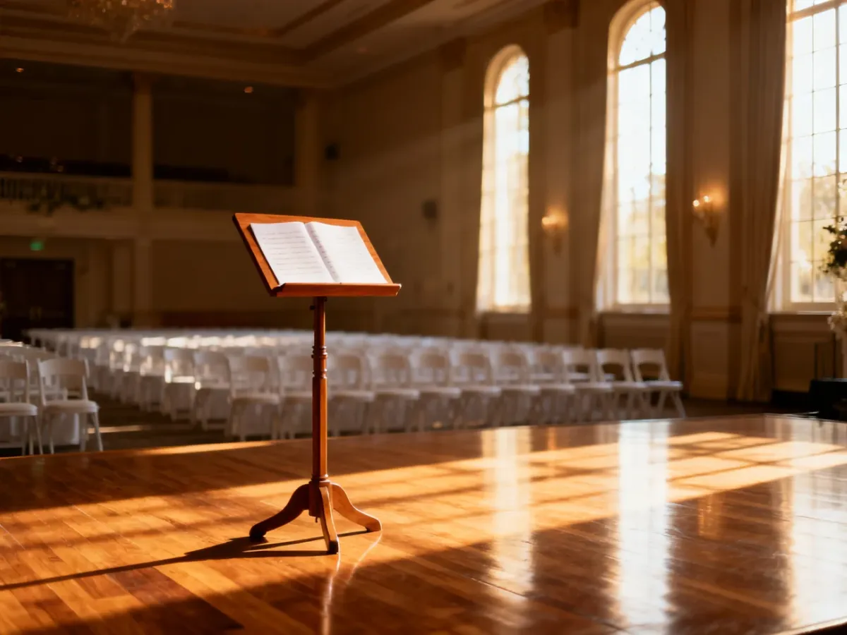 Pusta sala weselna z samotnym pulpitem na nuty, podkreślająca nagłą nieobecność muzyków podczas ceremonii.