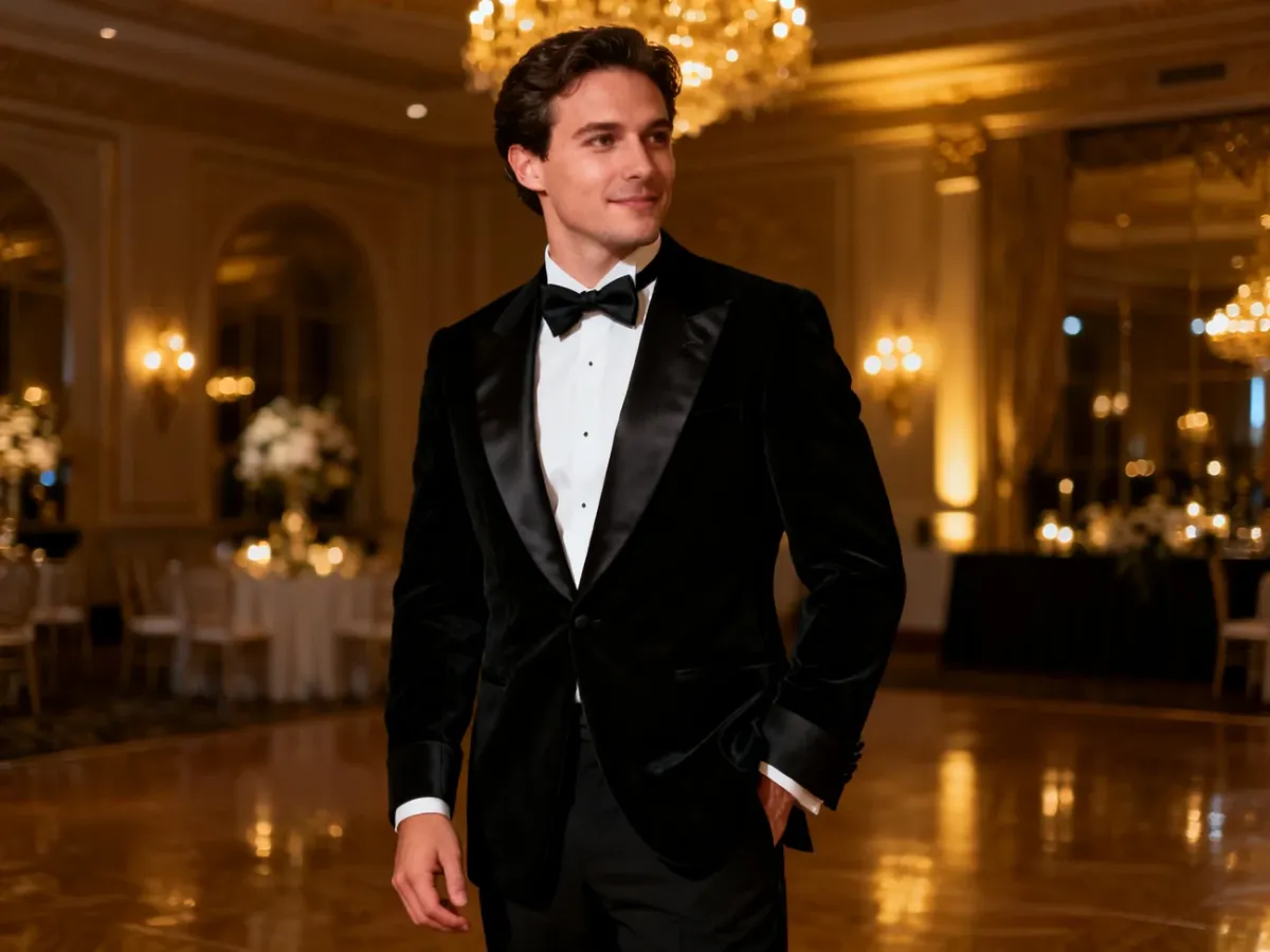 Pan młody w czarnym smokingu na eleganckim weselu glamour