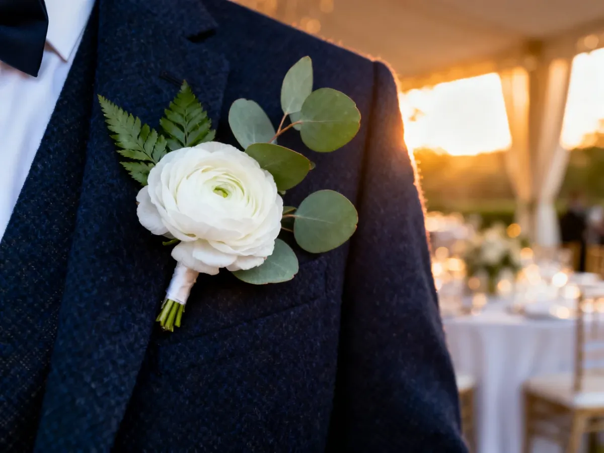 Elegancka butonierka z białym jaskrem i eukaliptusem przypięta do granatowej marynarki pana młodego.