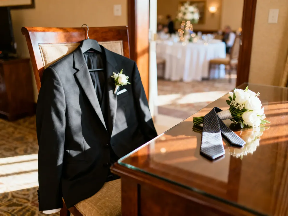 Elegancki garnitur ślubny z butonierką przygotowany w hotelowym pokoju przed ceremonią.