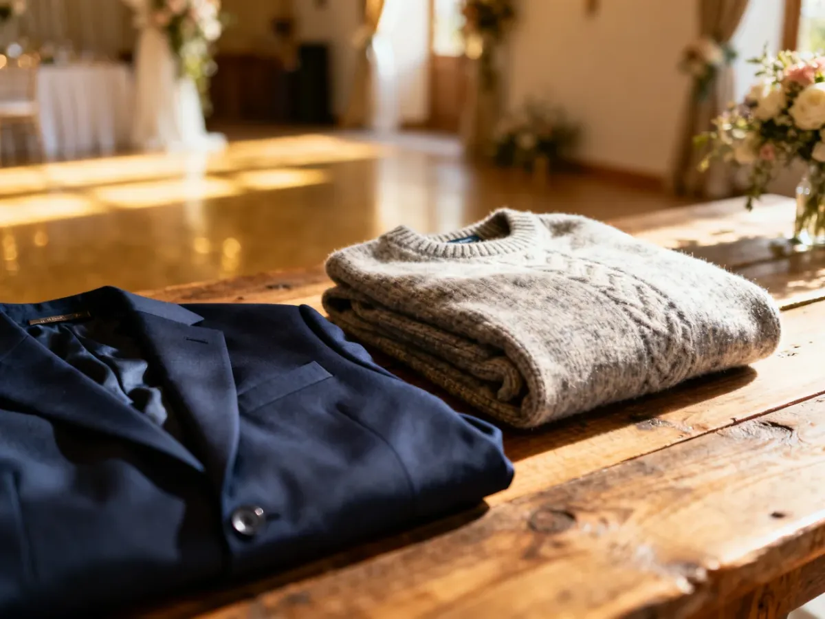 Elegancki wełniany sweter i granatowa marynarka ułożone na drewnianym stole, prezentujące opcje stroju na chłodny ślub.
