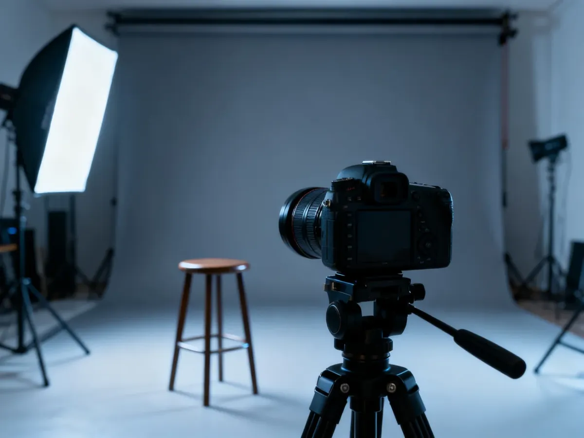 Puste studio fotograficzne z profesjonalnym aparatem na statywie, symbolizujące nieobecność fotografa na sesji.