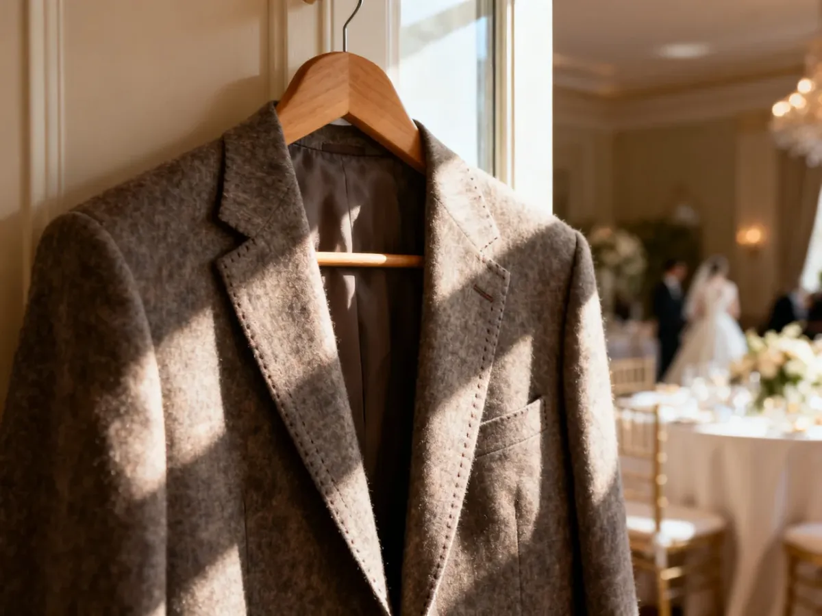 Elegancka wełniana marynarka na drewnianym wieszaku w jasnym, weselnym wnętrzu, podkreślająca dbałość o strój.