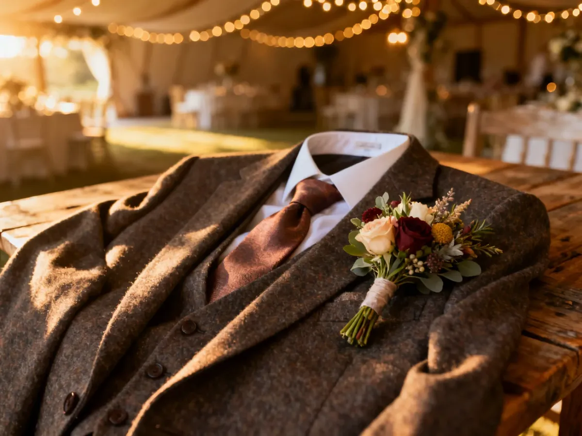Elegancka marynarka ślubna z butonierką i krawatem na drewnianym stole, idealnie pasująca do rustykalnego motywu wesela.