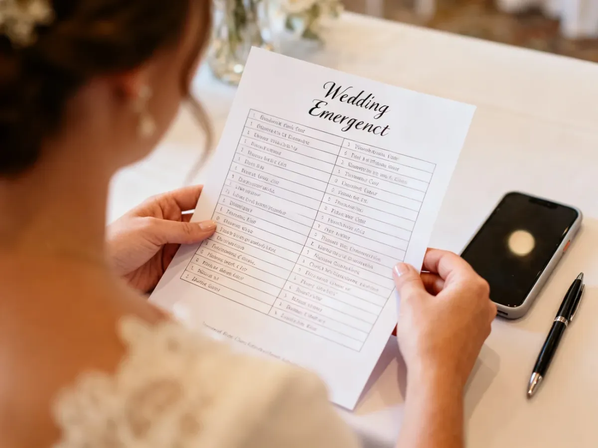Papierowa lista kontaktów awaryjnych trzymana przez koordynatora ślubnego