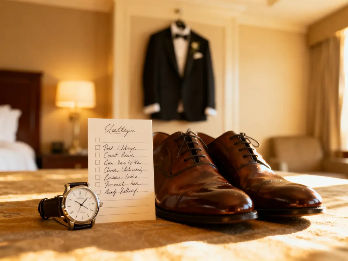 Eleganckie dodatki pana młodego, w tym zegarek, buty i lista zadań, przygotowane na miesiąc przed ślubem.