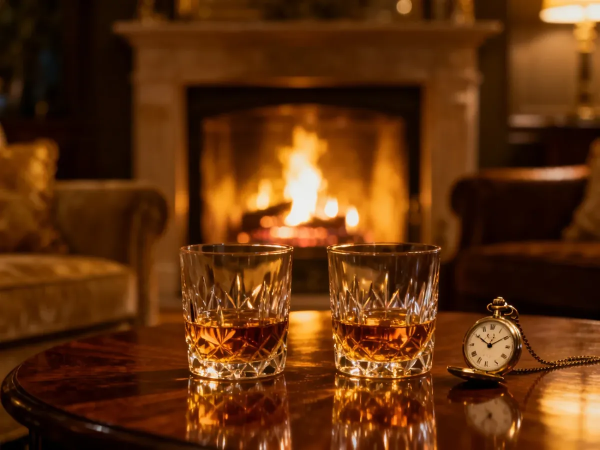 Dwie szklanki whisky i kieszonkowy zegarek na drewnianym stole w przytulnym salonie z kominkiem w tle.