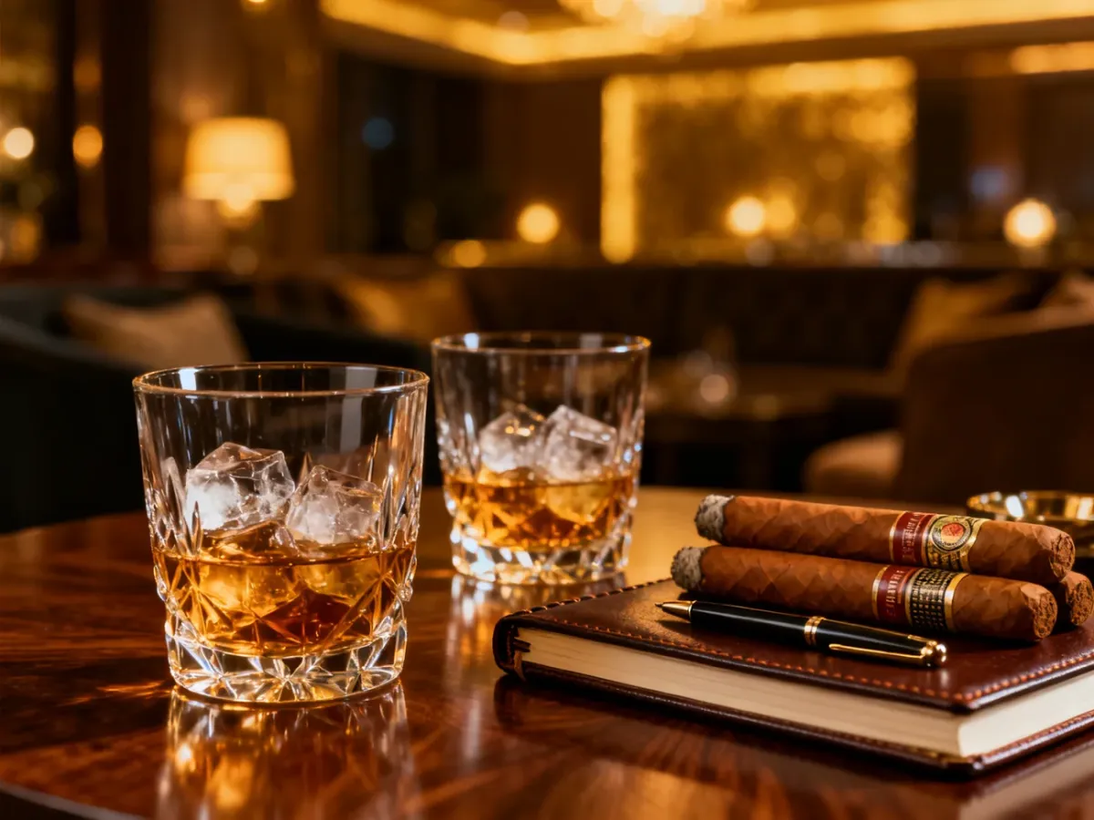 Elegancki stół z whisky, cygarami i notatnikiem, tworzący męski i stylowy klimat idealny na wieczór kawalerski.