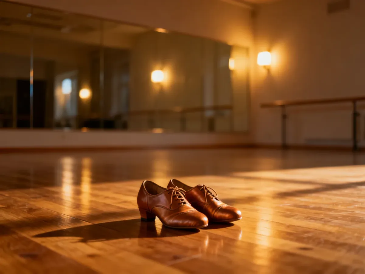 Eleganckie buty do tańca na wypolerowanym parkiecie w nastrojowym studiu tanecznym.