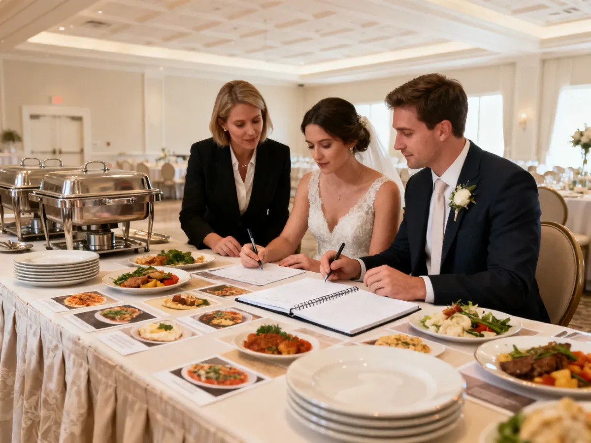 Para młoda omawiająca menu weselne z managerem sali