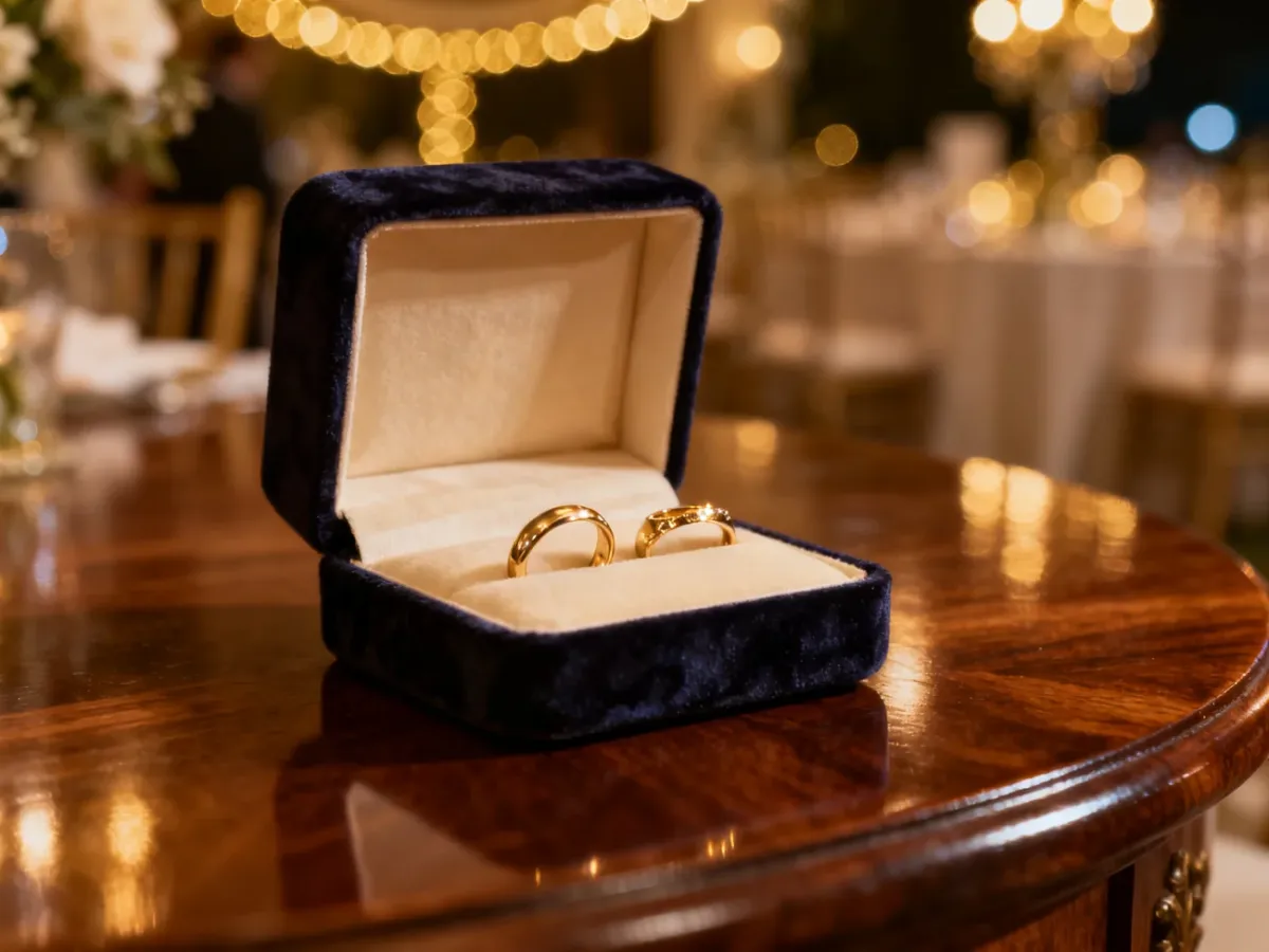 Eleganckie złote obrączki w aksamitnym pudełku, stanowiące inspirację na luksusowy prezent ślubny od świadków.